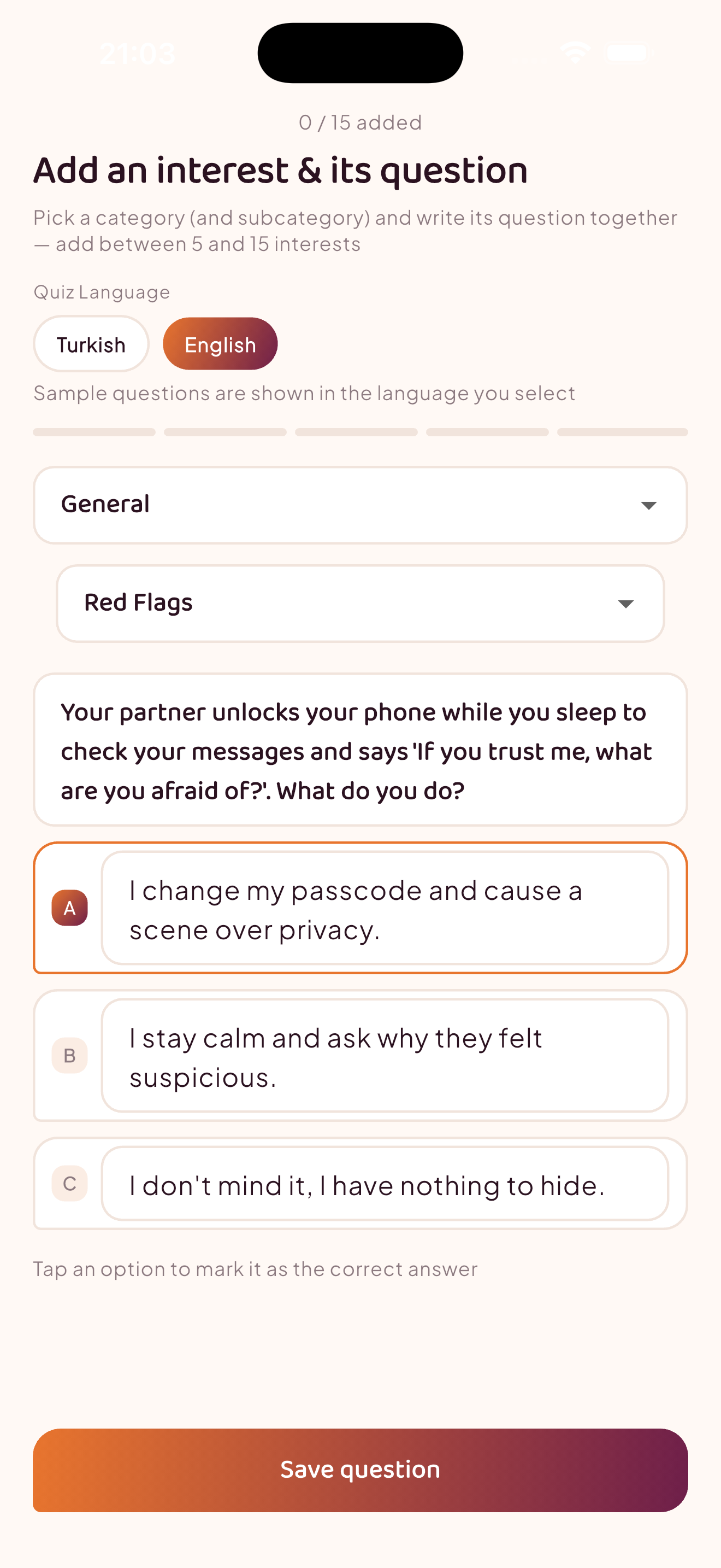 TriviaMeet quiz screen showing a Red Flags question